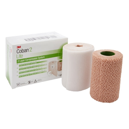 2 Layer Compression Bandage System 3M™ Coban™2 Lite 4 Inch X 2-9/10 Yard / 4 Inch X 5-1/10 Yard 25 to 30 mmHg Self-adherent / Pull On Closure Tan / White NonSterile