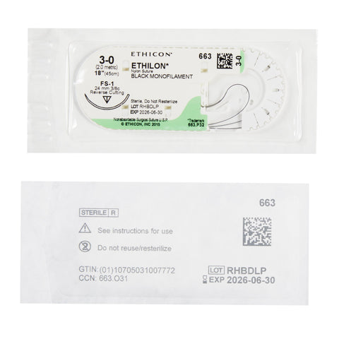 Nonabsorbable Suture with Needle Ethilon™ Nylon FS-1 3/8 Circle Reverse Cutting Needle Size 3-0 Monofilament #663G
