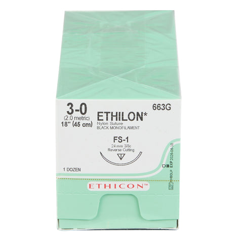 Nonabsorbable Suture with Needle Ethilon™ Nylon FS-1 3/8 Circle Reverse Cutting Needle Size 3-0 Monofilament #663G
