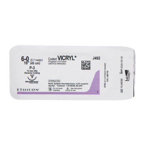 Absorbable Suture with Needle Coated Vicryl™ Polyglactin 910 P-3 3/8 Circle Precision Reverse Cutting Needle Size 6-0 Braided #J492G