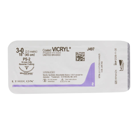 Absorbable Suture with Needle Coated Vicryl™ Polyglactin 910 PS-2 3/8 Circle Precision Reverse Cutting Needle Size 3-0 Braided #J497G