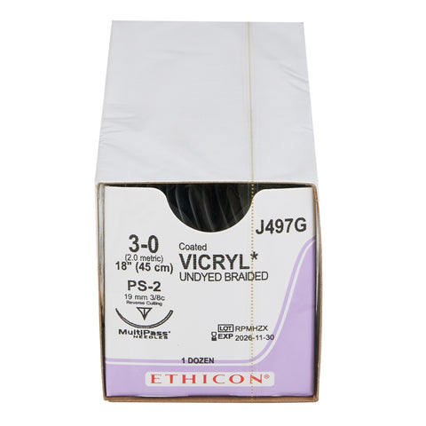 Absorbable Suture with Needle Coated Vicryl™ Polyglactin 910 PS-2 3/8 Circle Precision Reverse Cutting Needle Size 3-0 Braided #J497G