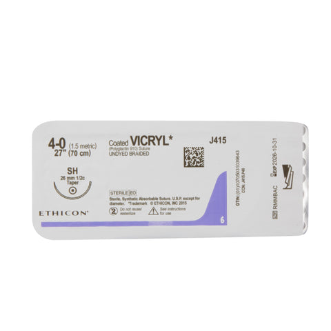 Absorbable Suture with Needle Coated Vicryl™ Polyglactin 910 SH 1/2 Circle Taper Point Needle Size 4-0 Braided #J415H