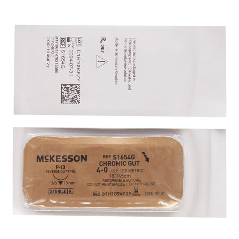 Absorbable Suture with Needle McKesson Chromic Gut P-13 3/8 Circle Precision Reverse Cutting Needle Size 4-0 Monofilament #S1654G