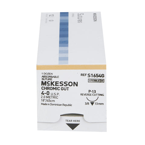 Absorbable Suture with Needle McKesson Chromic Gut P-13 3/8 Circle Precision Reverse Cutting Needle Size 4-0 Monofilament #S1654G