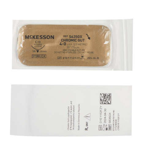 Absorbable Suture with Needle McKesson Chromic Gut C-13 3/8 Circle Reverse Cutting Needle Size 4-0 Monofilament #S635GX