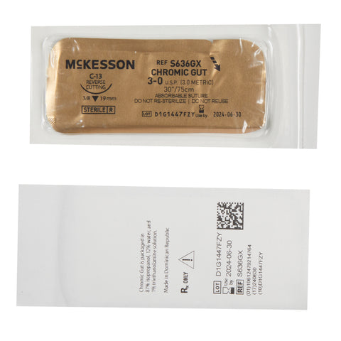 Absorbable Suture with Needle McKesson Chromic Gut C-13 3/8 Circle Reverse Cutting Needle Size 3-0 Monofilament #S636GX