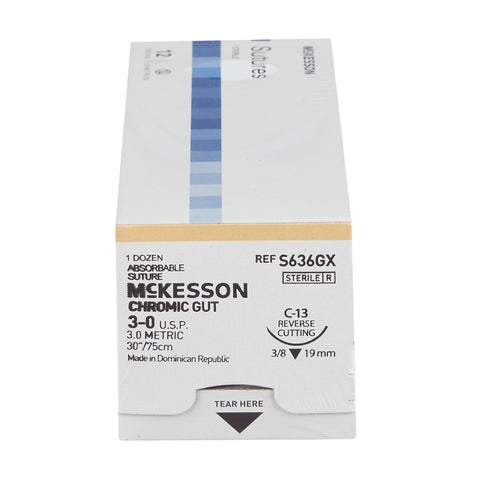 Absorbable Suture with Needle McKesson Chromic Gut C-13 3/8 Circle Reverse Cutting Needle Size 3-0 Monofilament #S636GX
