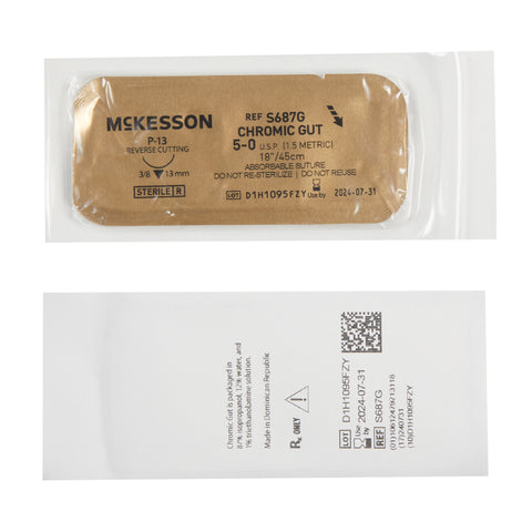 Absorbable Suture with Needle McKesson Chromic Gut P-13 3/8 Circle Precision Reverse Cutting Needle Size 5-0 Monofilament #S687G
