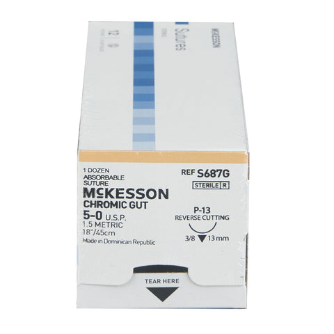 Absorbable Suture with Needle McKesson Chromic Gut P-13 3/8 Circle Precision Reverse Cutting Needle Size 5-0 Monofilament #S687G