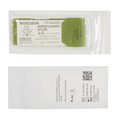 Nonabsorbable Suture with Needle McKesson Nylon P-12 3/8 Circle Precision Reverse Cutting Needle Size 4-0 Monofilament #S1667GX