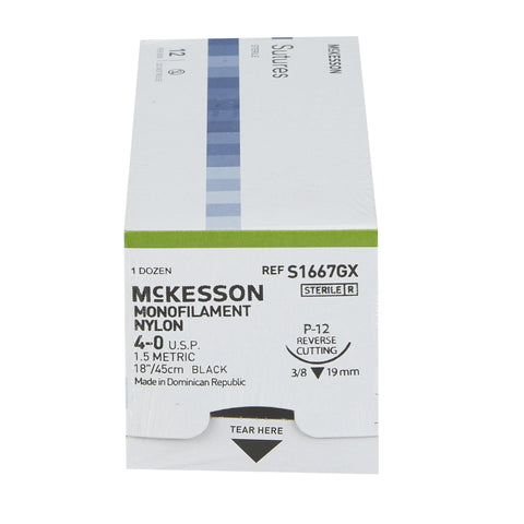 Nonabsorbable Suture with Needle McKesson Nylon P-12 3/8 Circle Precision Reverse Cutting Needle Size 4-0 Monofilament #S1667GX