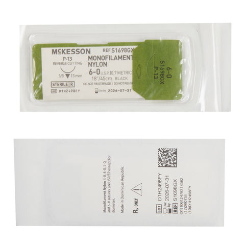Nonabsorbable Suture with Needle McKesson Nylon P-13 3/8 Circle Precision Reverse Cutting Needle Size 6-0 Monofilament #S1698GX