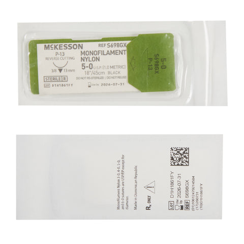 Nonabsorbable Suture with Needle McKesson Nylon P-13 3/8 Circle Precision Reverse Cutting Needle Size 5-0 Monofilament #S698GX