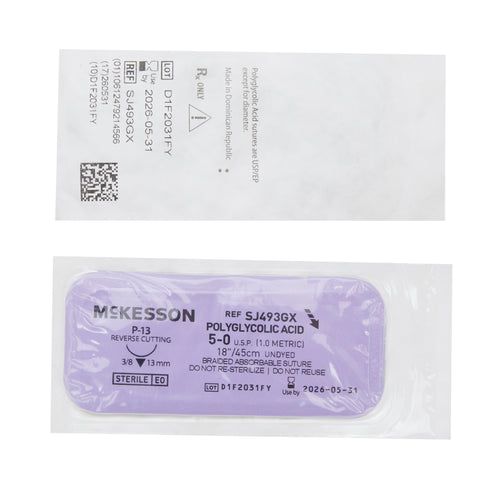Absorbable Suture with Needle McKesson Polyglycolic Acid P-13 3/8 Circle Precision Reverse Cutting Needle Size 5-0 Braided #SJ493GX