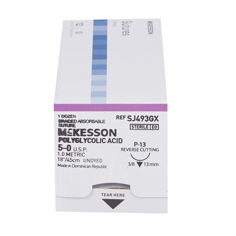 Absorbable Suture with Needle McKesson Polyglycolic Acid P-13 3/8 Circle Precision Reverse Cutting Needle Size 5-0 Braided #SJ493GX
