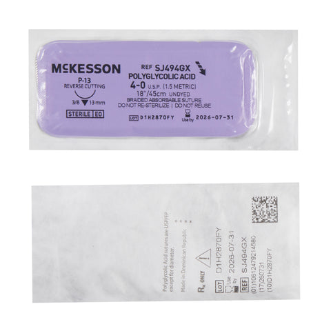 Absorbable Suture with Needle McKesson Polyglycolic Acid P-13 3/8 Circle Precision Reverse Cutting Needle Size 4-0 Braided #SJ494GX