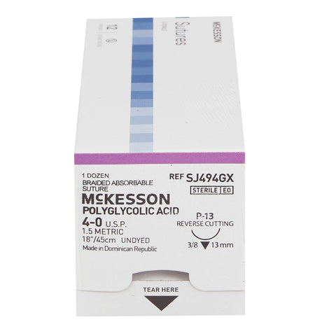Absorbable Suture with Needle McKesson Polyglycolic Acid P-13 3/8 Circle Precision Reverse Cutting Needle Size 4-0 Braided #SJ494GX