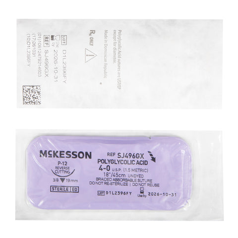 Absorbable Suture with Needle McKesson Polyglycolic Acid P-12 3/8 Circle Precision Reverse Cutting Needle Size 4-0 Braided #SJ496GX
