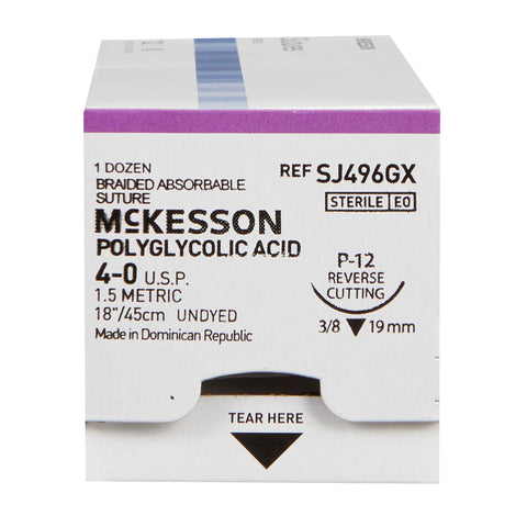 Absorbable Suture with Needle McKesson Polyglycolic Acid P-12 3/8 Circle Precision Reverse Cutting Needle Size 4-0 Braided #SJ496GX