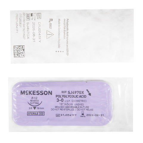 Absorbable Suture with Needle McKesson Polyglycolic Acid P-12 3/8 Circle Precision Reverse Cutting Needle Size 3-0 Braided #SJ497GX