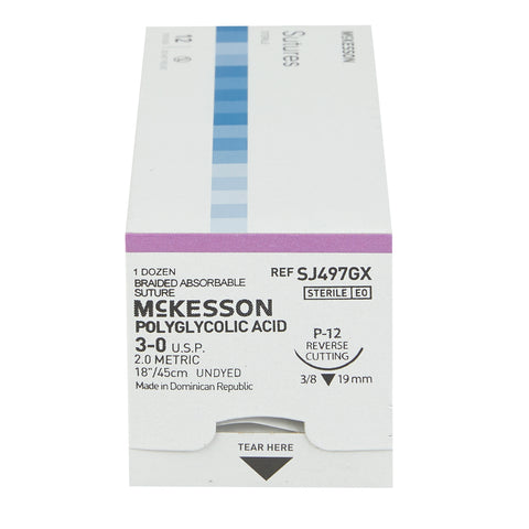 Absorbable Suture with Needle McKesson Polyglycolic Acid P-12 3/8 Circle Precision Reverse Cutting Needle Size 3-0 Braided #SJ497GX