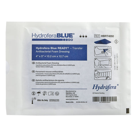 BSN Medical Antibacterial Foam Dressing Hydrofera BLUE® READY-Transfer 4 X 5 Inch Without Border Without Film Backing Nonadhesive Rectangle Sterile #HBRT4050