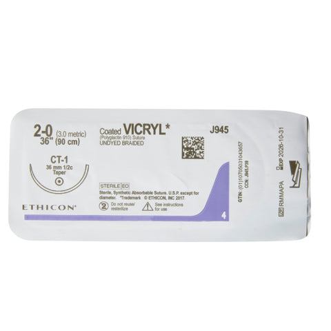 Absorbable Suture with Needle Coated Vicryl™ Polyglactin 910 CT-1 1/2 Circle Taper Point Needle Size 2-0 Braided #J945H