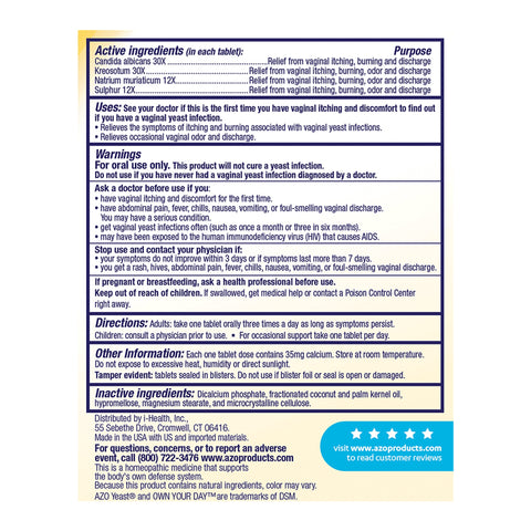 Vaginal Antifungal Azo Yeast® Plus Tablet 60 per Bottle Box #87651060667