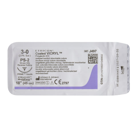 Absorbable Suture with Needle Coated Vicryl™ Polyglactin 910 PS-2 3/8 Circle Precision Reverse Cutting Needle Size 3-0 Braided #J497H