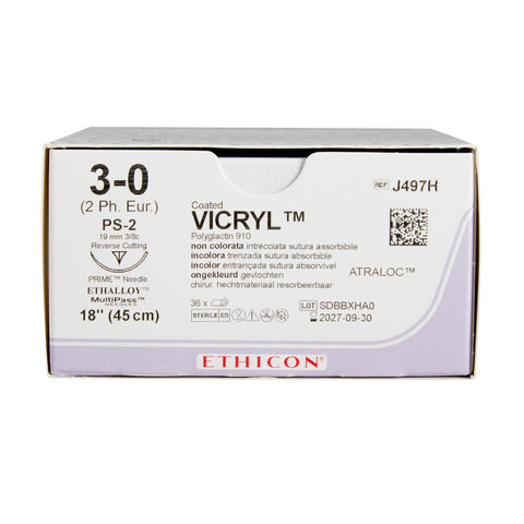 Absorbable Suture with Needle Coated Vicryl™ Polyglactin 910 PS-2 3/8 Circle Precision Reverse Cutting Needle Size 3-0 Braided #J497H