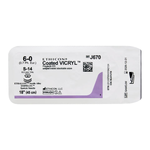 Absorbable Suture with Needle Coated Vicryl™ Polyglactin 910 S-14 1/4 Circle Spatula Needle Size 6-0 Braided #J670G