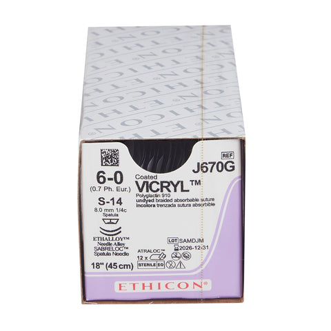 Absorbable Suture with Needle Coated Vicryl™ Polyglactin 910 S-14 1/4 Circle Spatula Needle Size 6-0 Braided #J670G