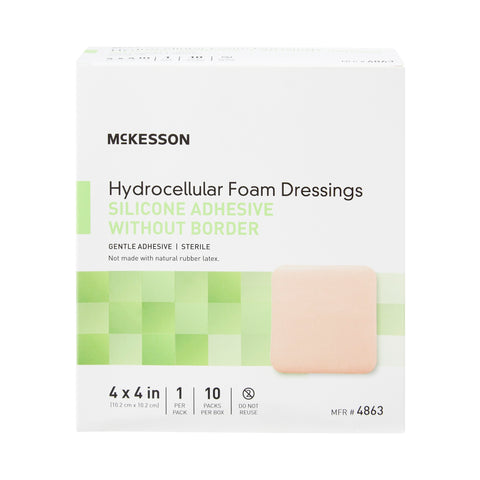 Foam Dressing McKesson 4 X 4 Inch Without Border Film Backing Silicone Gel Adhesive Square Sterile #4863