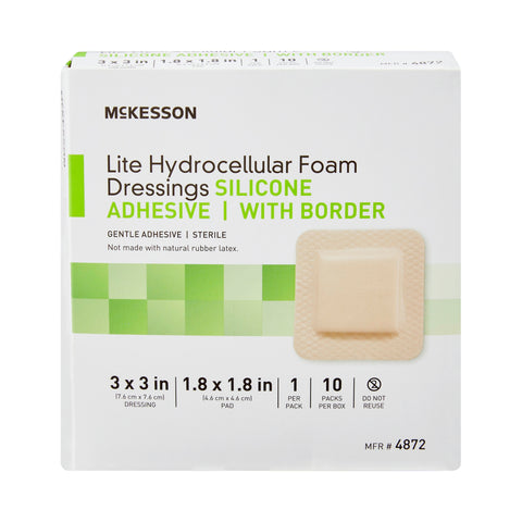 Thin Foam Dressing McKesson Lite 3 X 3 Inch With Border Film Backing Silicone Gel Adhesive Square Sterile #4872