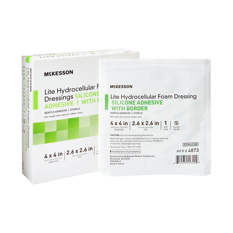 Thin Foam Dressing McKesson Lite 4 X 4 Inch With Border Film Backing Silicone Gel Adhesive Square Sterile #4873