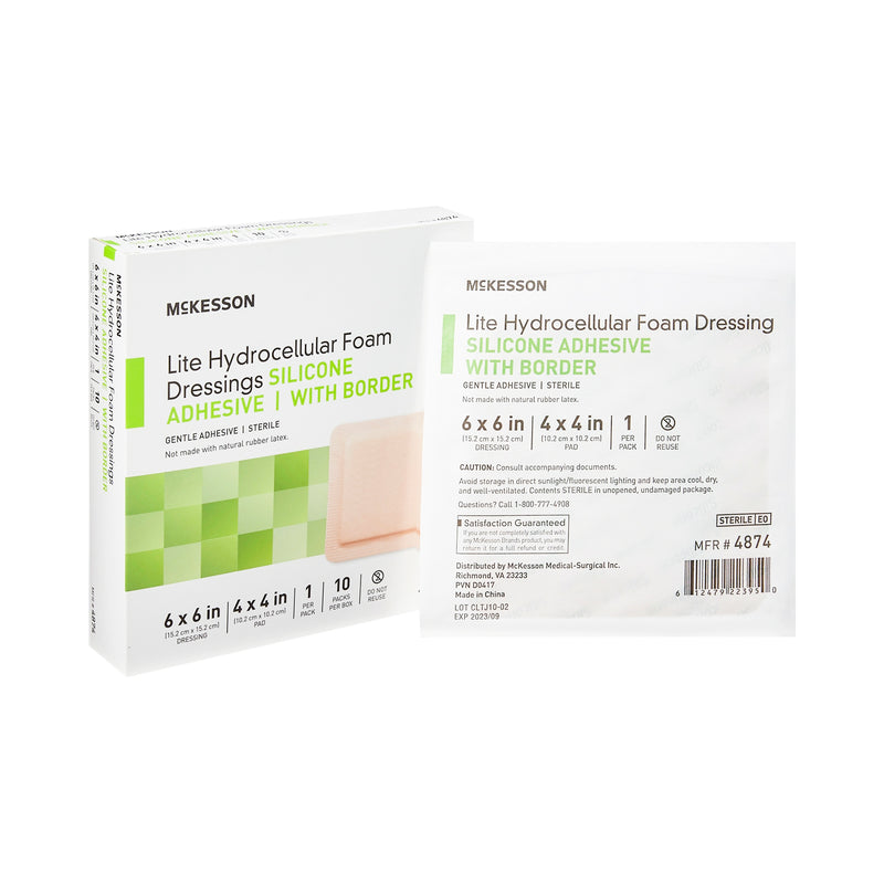 Thin Foam Dressing McKesson Lite 6 X 6 Inch With Border Film Backing Silicone Gel Adhesive Square Sterile #4874