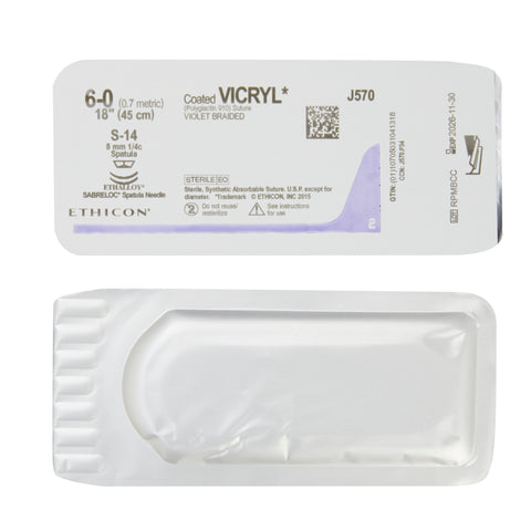 Absorbable Suture with Needle Coated Vicryl™ Polyglactin 910 S-14 1/4 Circle Spatula Needle Size 6-0 Braided #J570G