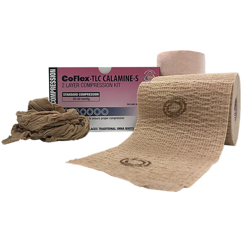 2 Layer Compression Bandage System CoFlex® TLC Calamine with Indicators 4 Inch X 6 Yard / 4 Inch X 7 Yard 35 to 40 mmHg Self-adherent / Pull On Closure Tan NonSterile
