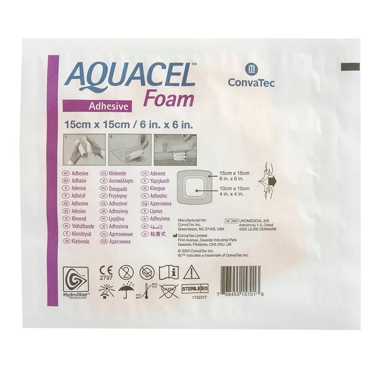 ConvaTec Foam Dressing Aquacel® 6 X 6 Inch With Border Waterproof Film Backing Silicone Adhesive Square Sterile #422350