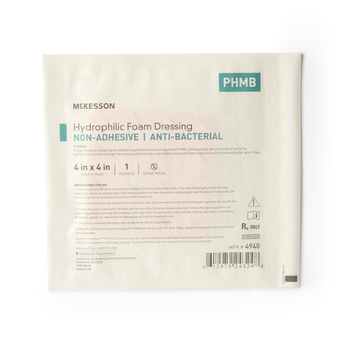 Antibacterial Foam Dressing McKesson 4 X 4 Inch Without Border Waterproof Film Backing Nonadhesive Square Sterile #4940
