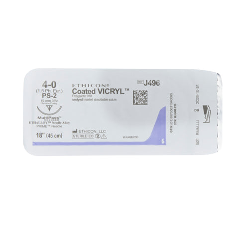 Absorbable Suture with Needle Coated Vicryl™ Polyglactin 910 PS-2 3/8 Circle Precision Reverse Cutting Needle Size 4-0 Braided #J496H