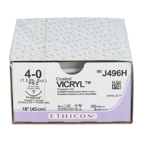 Absorbable Suture with Needle Coated Vicryl™ Polyglactin 910 PS-2 3/8 Circle Precision Reverse Cutting Needle Size 4-0 Braided #J496H