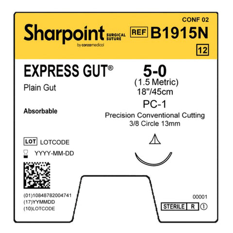 Absorbable Suture with Needle Surgical Specialties™ Plain Gut PC-1 3/8 Circle Precision Conventional Cutting Needle Size 5-0 Monofilament #B1915N