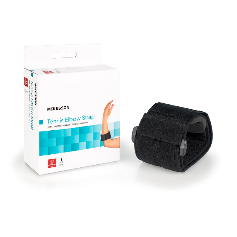 Elbow Support Strap McKesson One Size Fits Most Hook and Loop with D Ring Tennis / Golf Left or Right Elbow Up to 18 Inch Circumference Black #155-BH-194