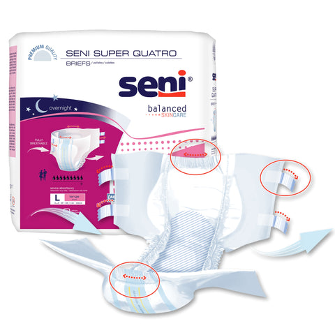 Incontinence Brief Seni® Super Quatro Adult Large Unisex Disposable Heavy Absorbency #S-LA09-BQ1