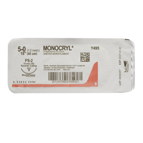Absorbable Suture with Needle Monocryl™ Poliglecaprone PS-2 3/8 Circle Precision Reverse Cutting Needle Size 5-0 Monofilament #Y495G