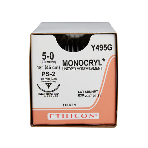Absorbable Suture with Needle Monocryl™ Poliglecaprone PS-2 3/8 Circle Precision Reverse Cutting Needle Size 5-0 Monofilament #Y495G