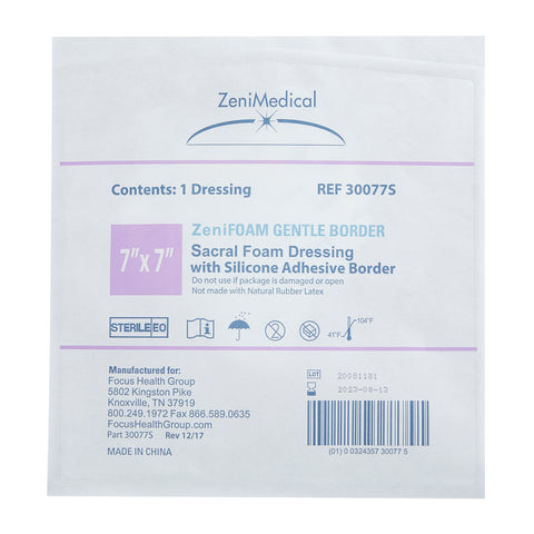 Focus Health Group Foam Dressing Zenifoam Gentle Border 7 X 7 Inch With Border Waterproof Backing Silicone Face and Border Sacral Sterile #30077-S