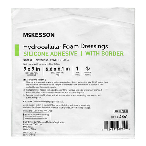 Foam Dressing McKesson 9 X 9 Inch With Border Waterproof Film Backing Silicone Gel Adhesive Sacral Sterile #4841
